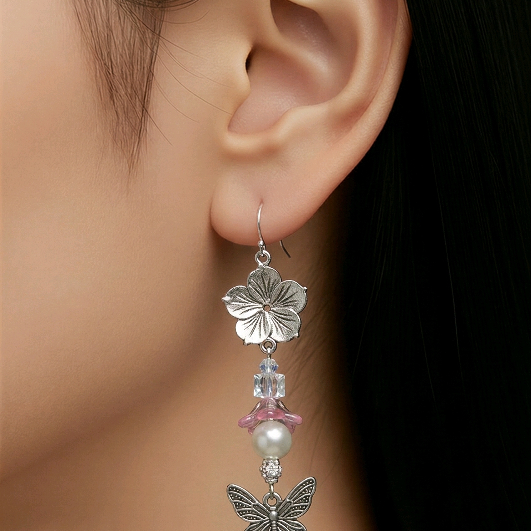 Silver Floral & Butterfly Drop Earrings With Pink Accents